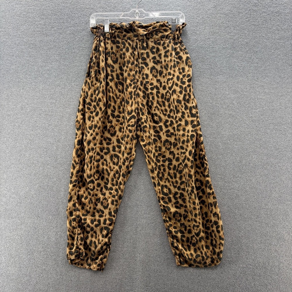 POSSE Pants Women Medium Brown Silk Leopard Paperbag Relaxed High Rise Ankle
